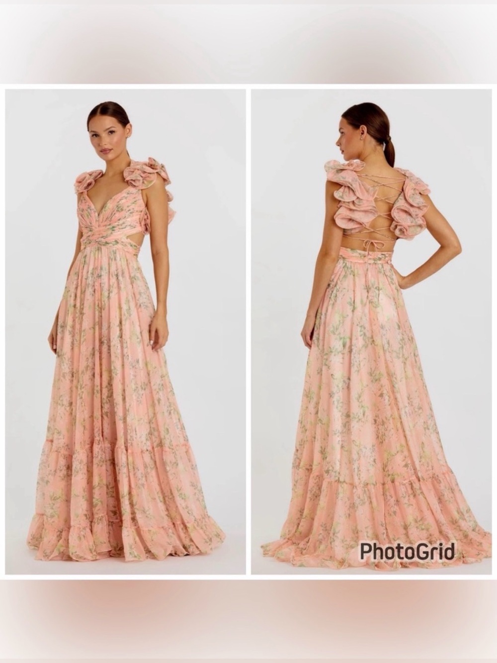Mac Duggal Pink Ruffle Tiered Floral Cut Out Chiffon Gown Size 12